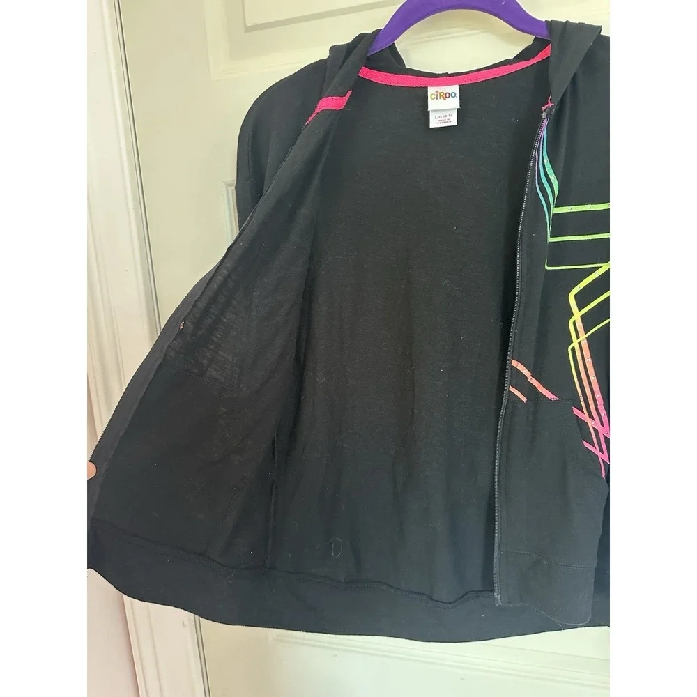 Target Circo Zip Up Hoodie Girls L‎ 10/12 Black Neon Star Jacket Retro